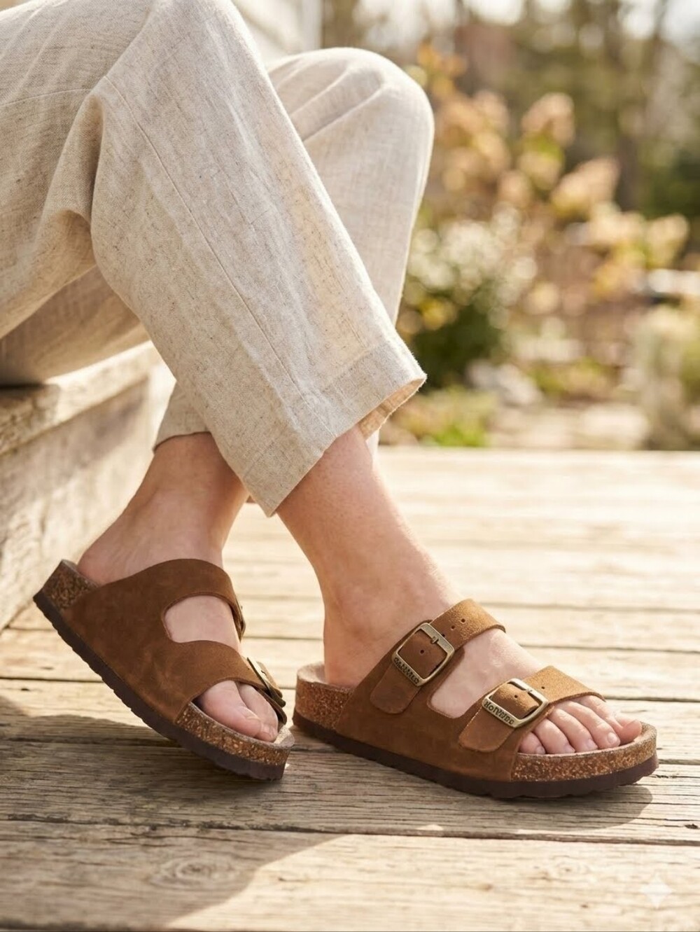 Soft Mock 100% Leather Brown Two-Buckle Comfort Sandals 7